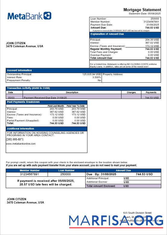 Realistic USA Washington Metabank mortgage statement in Word and PDF formats sample